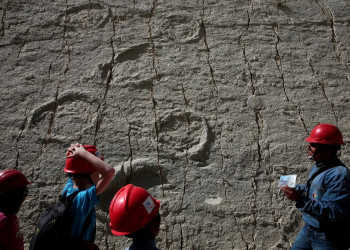 Следы динозавров Cal Orcko на окраине города Сукре, Боливия – фотографии Боливии