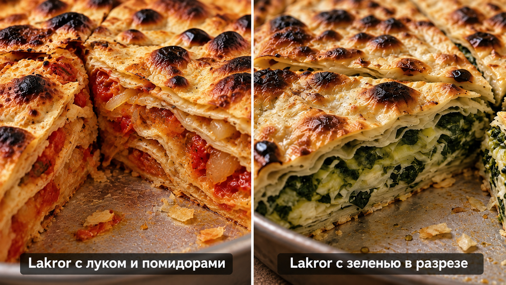 Варианты начинки албанского пирога lakror в разрезе