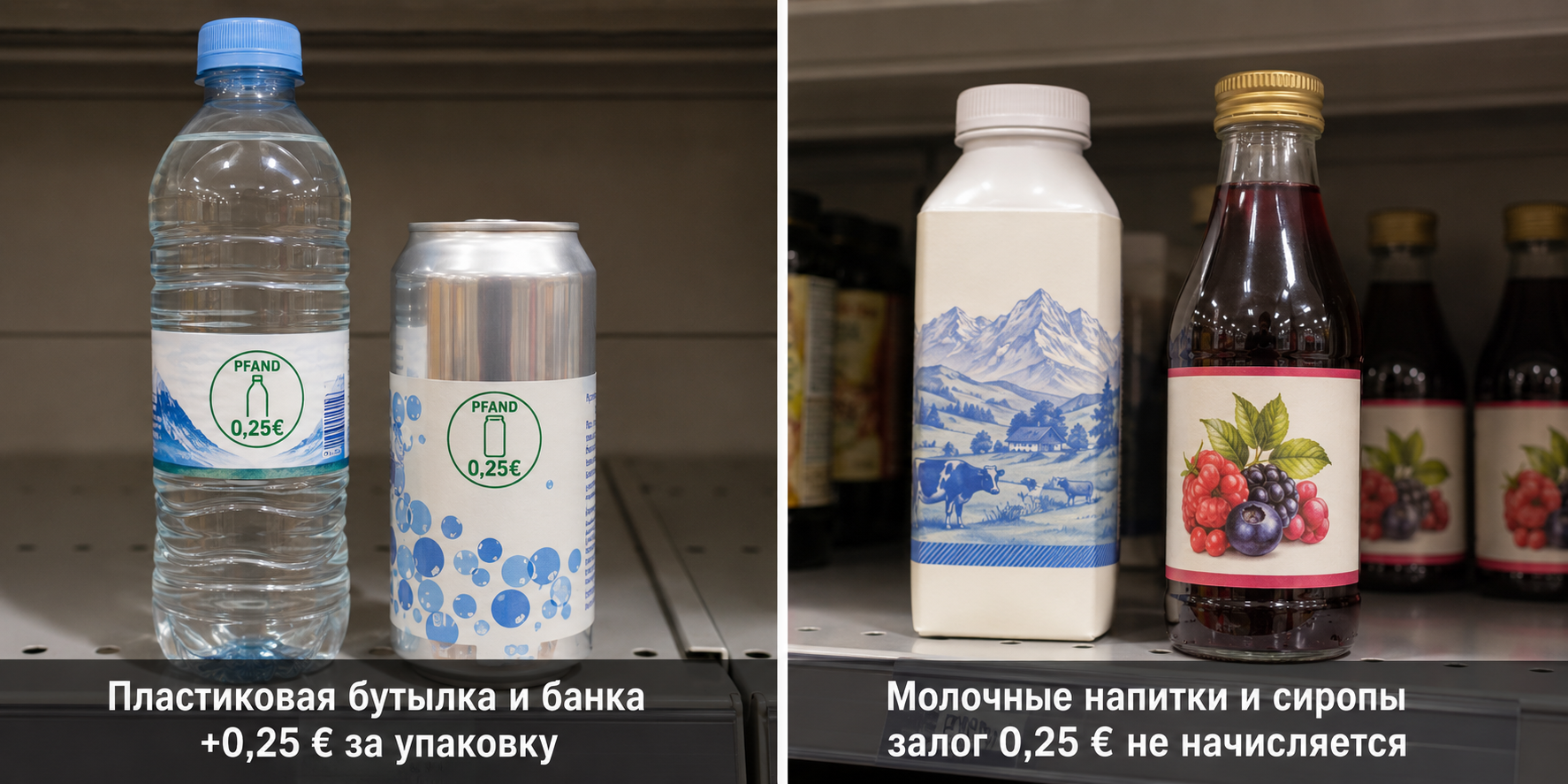 Залоговая упаковка — бутылки и банки с залогом 0,25 €, а также исключения