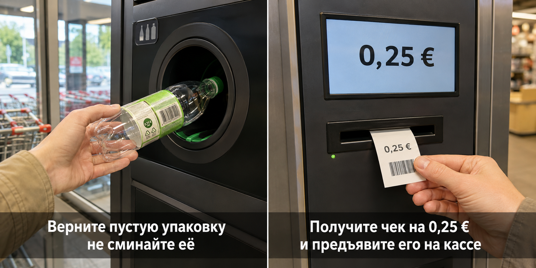 Возврат упаковки — автомат, несмятая бутылка и получение чека