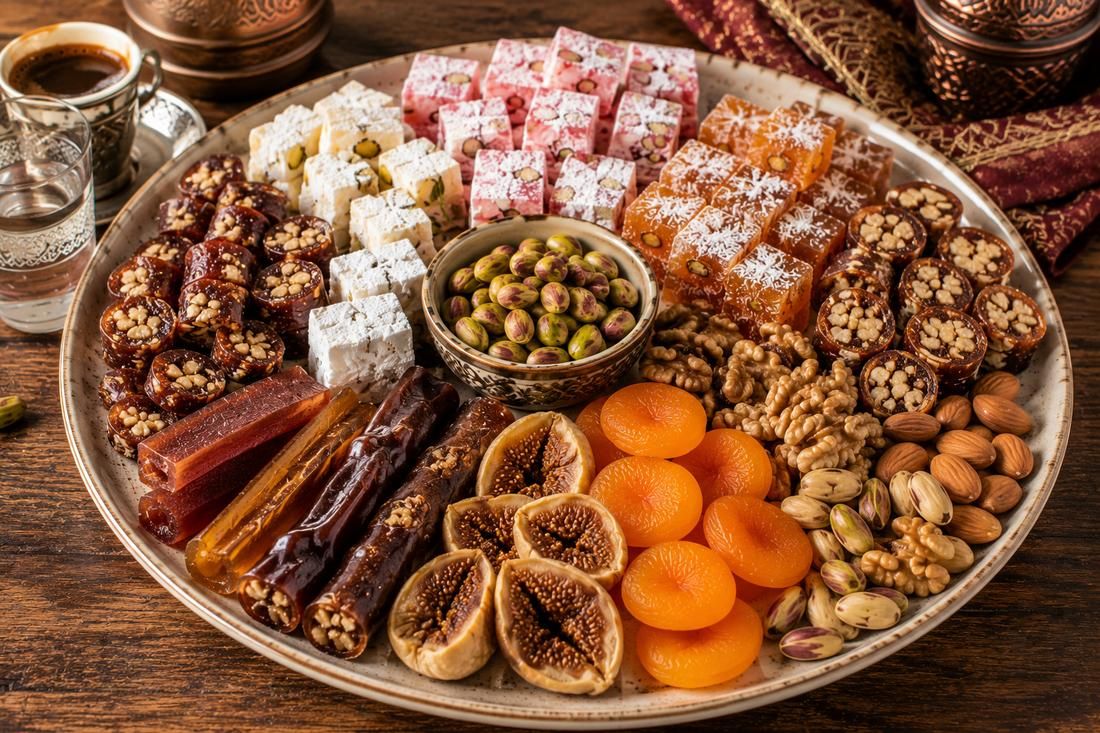 Лукум, сухофрукты, орехи на традиционном блюде