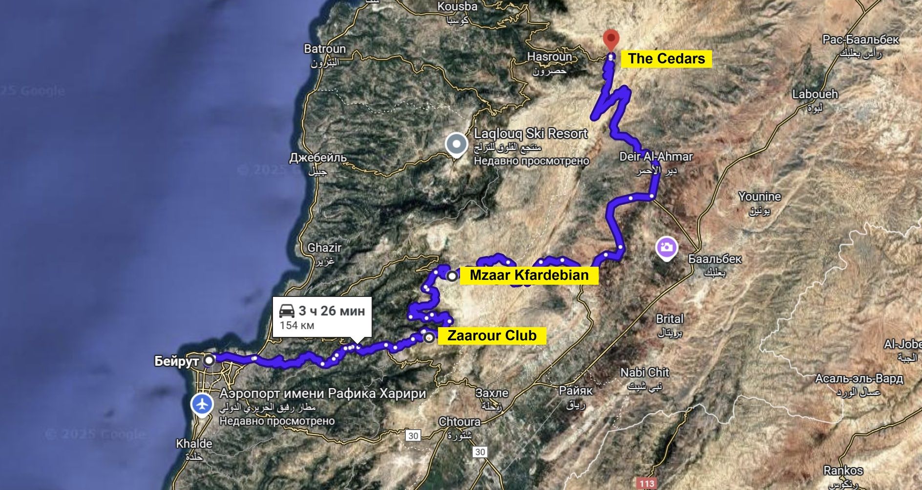 Горнолыжные курорты Ливана на карте