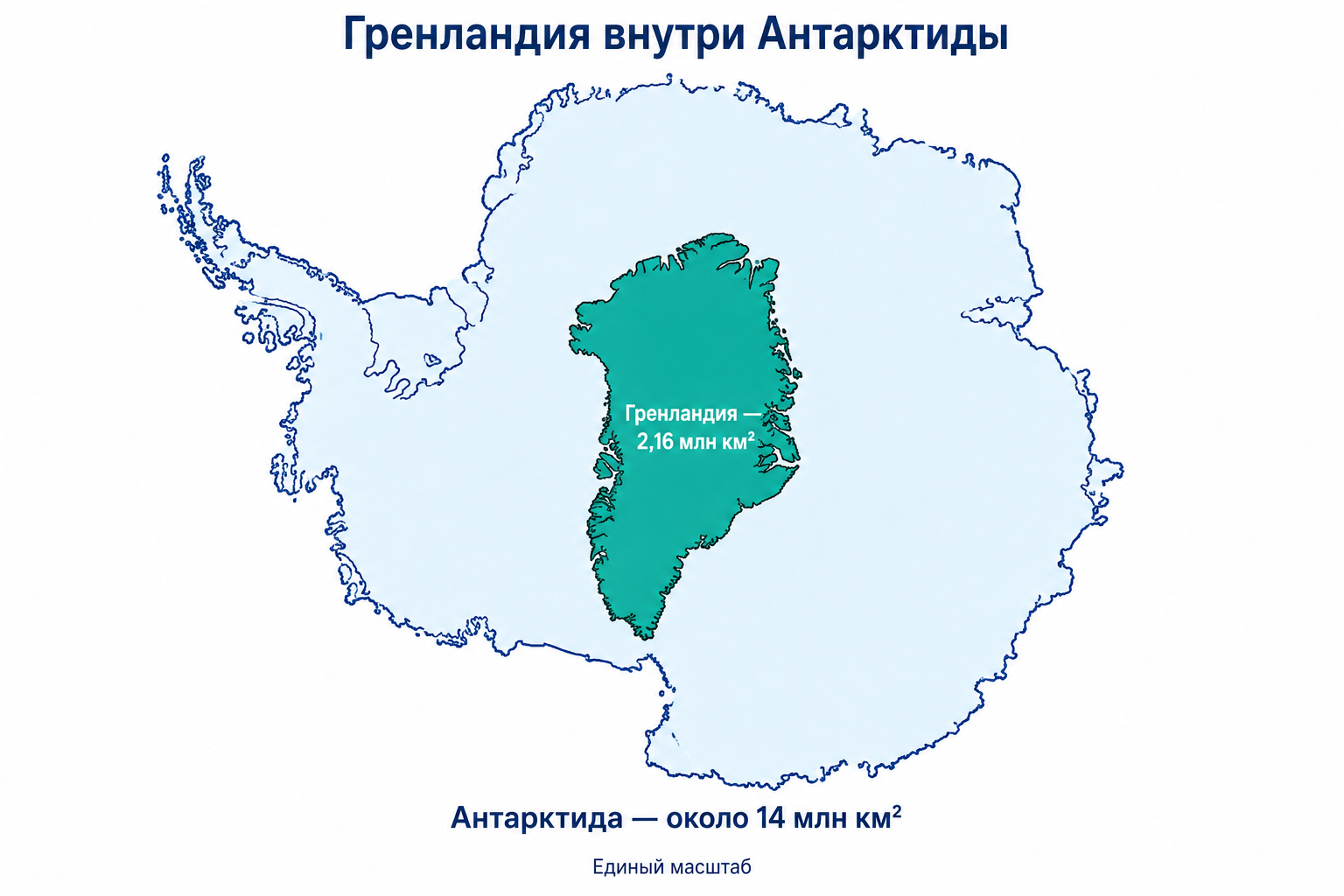 Гренландия занимает примерно 15% площади Антарктиды