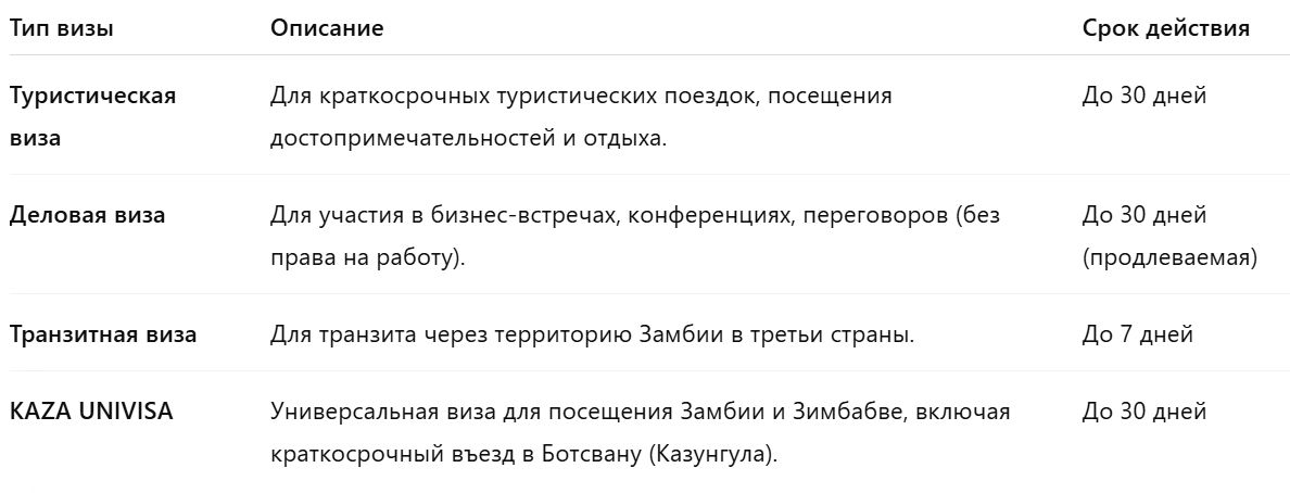 Типы виз в Замбию